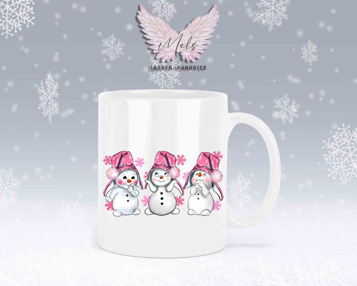 Tasse mit süßen Schneemänner mit rosa Mütze– mit oder ohne Wunschname