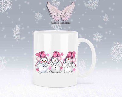 Tasse mit süßen Schneemänner mit rosa Mütze– mit oder ohne Wunschname
