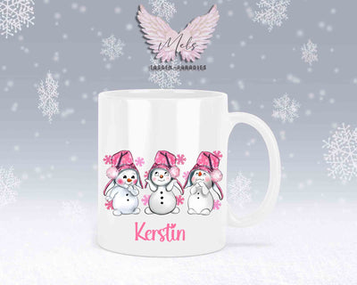 Tasse mit süßen Schneemänner mit rosa Mütze– mit oder ohne Wunschname