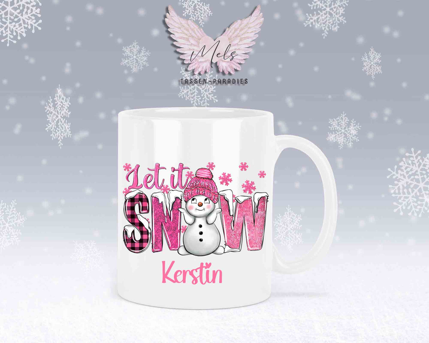 Tasse mit süßen Schneemann Lets Snow Rosa– mit oder ohne Wunschname