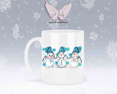 Tasse mit süßen Schneemänner mit blauer Mütze mit oder ohne Wunschname