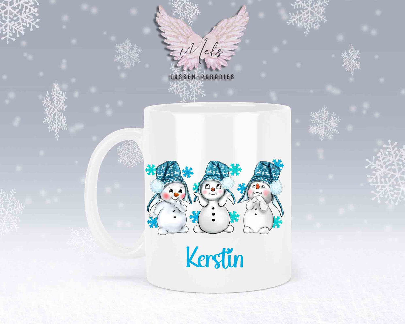 Tasse mit süßen Schneemänner mit blauer Mütze mit oder ohne Wunschname