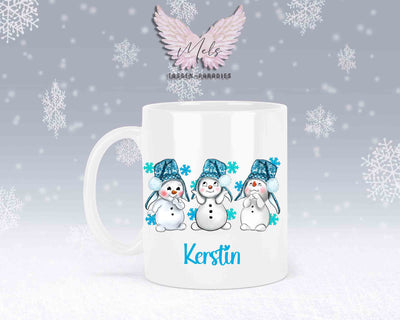 Tasse mit süßen Schneemänner mit blauer Mütze mit oder ohne Wunschname