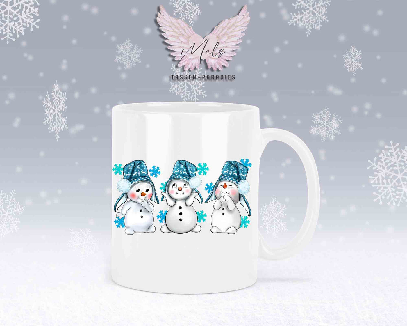 Tasse mit süßen Schneemänner mit blauer Mütze mit oder ohne Wunschname