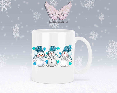Tasse mit süßen Schneemänner mit blauer Mütze mit oder ohne Wunschname