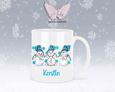 Tasse mit süßen Schneemänner mit blauer Mütze mit oder ohne Wunschname