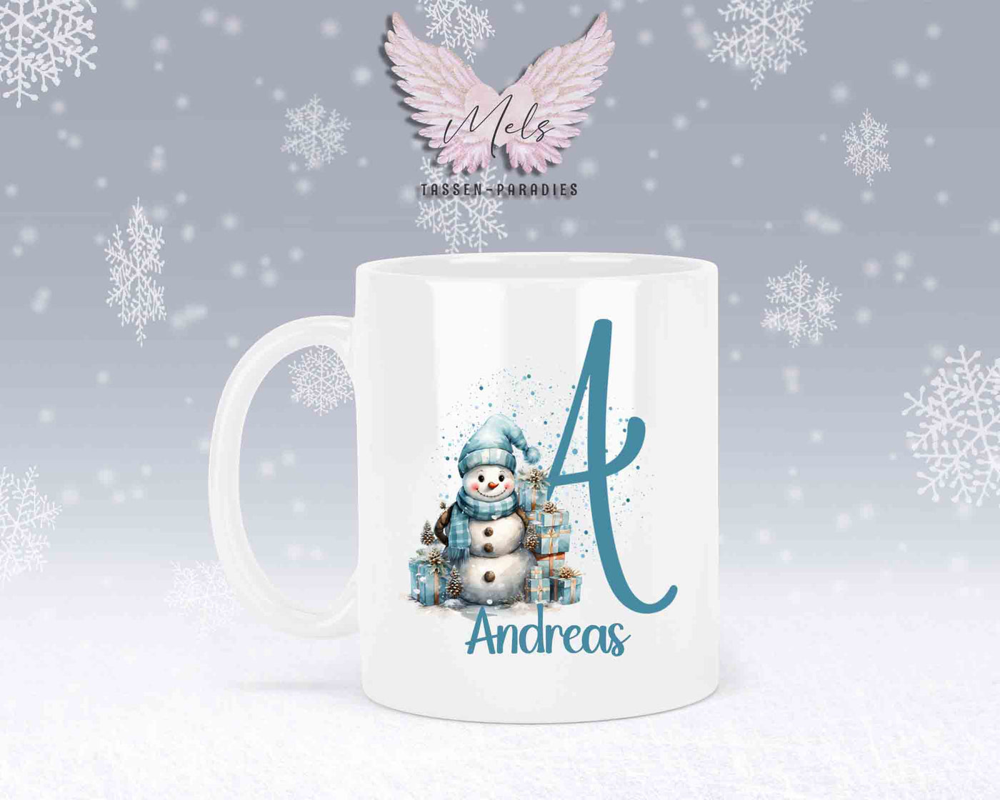 Schneemann Türkis-Alphabet mit Name - Personalisierte Keramik-Tasse Weiß