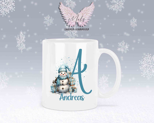 Schneemann Türkis-Alphabet mit Name - Personalisierte Keramik-Tasse Weiß