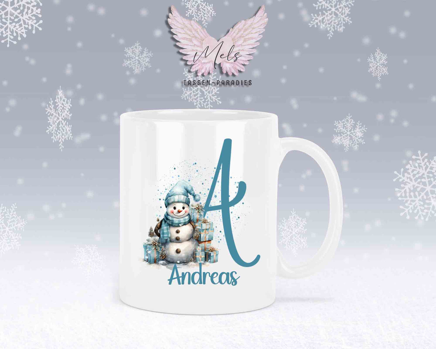 Schneemann Türkis-Alphabet mit Name - Personalisierte Keramik-Tasse Weiß