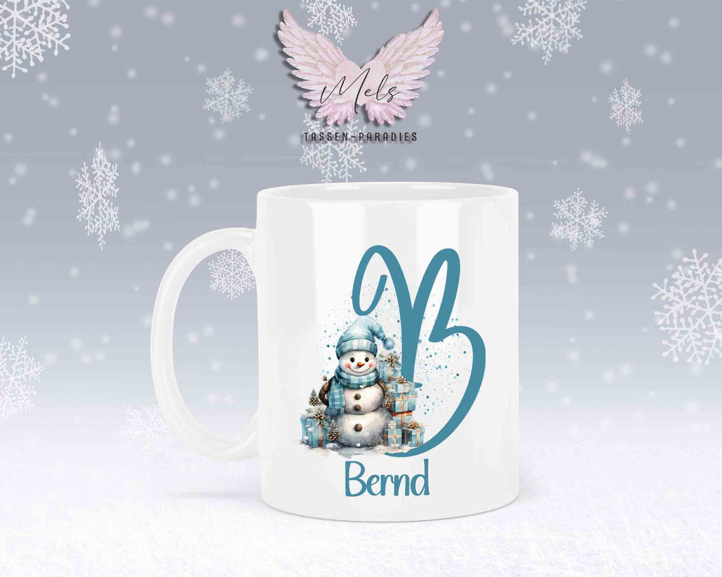 Schneemann Türkis-Alphabet mit Name - Personalisierte Keramik-Tasse Weiß