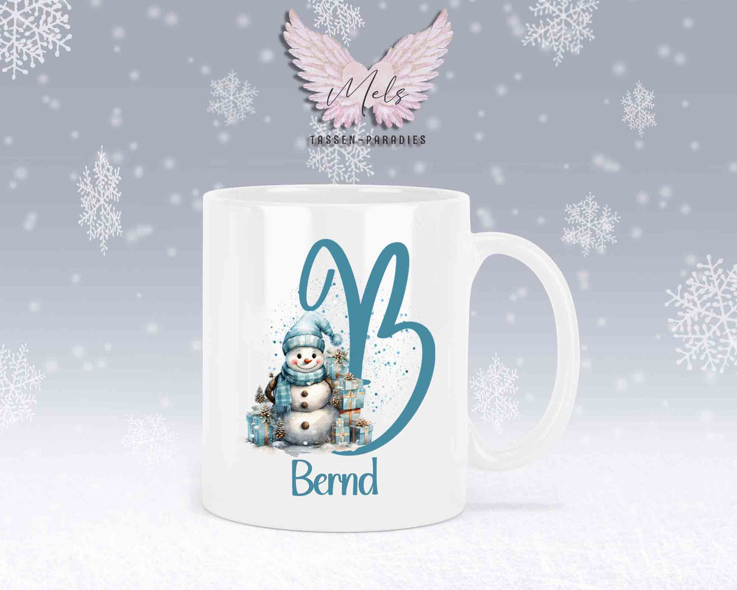 Schneemann Türkis-Alphabet mit Name - Personalisierte Keramik-Tasse Weiß