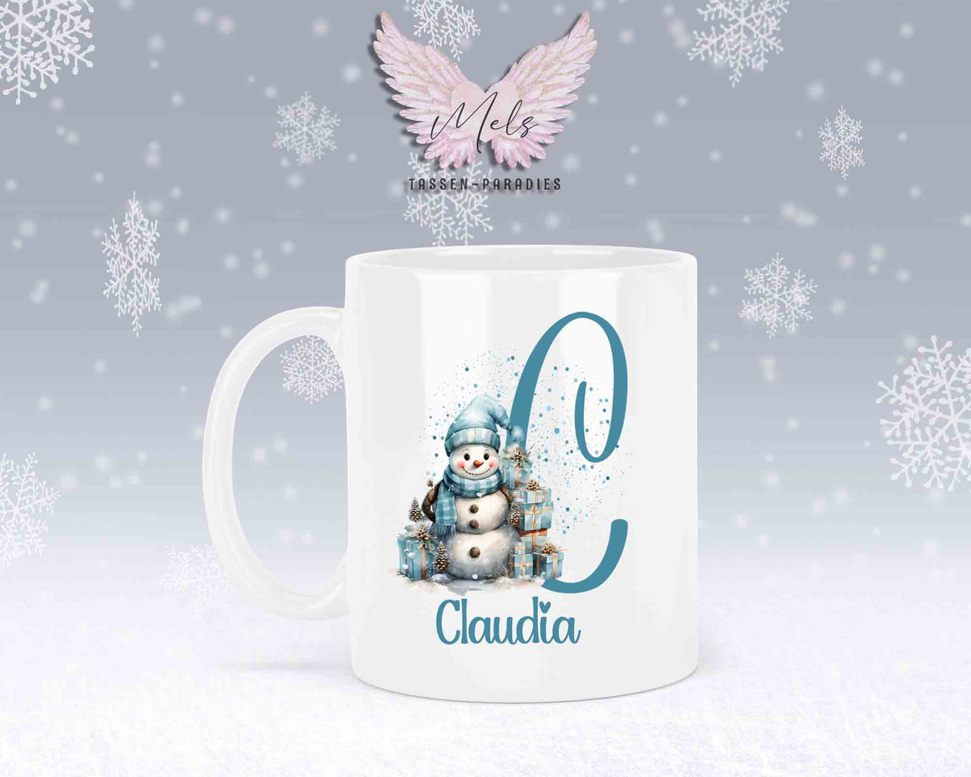Schneemann Türkis-Alphabet mit Name - Personalisierte Keramik-Tasse Weiß