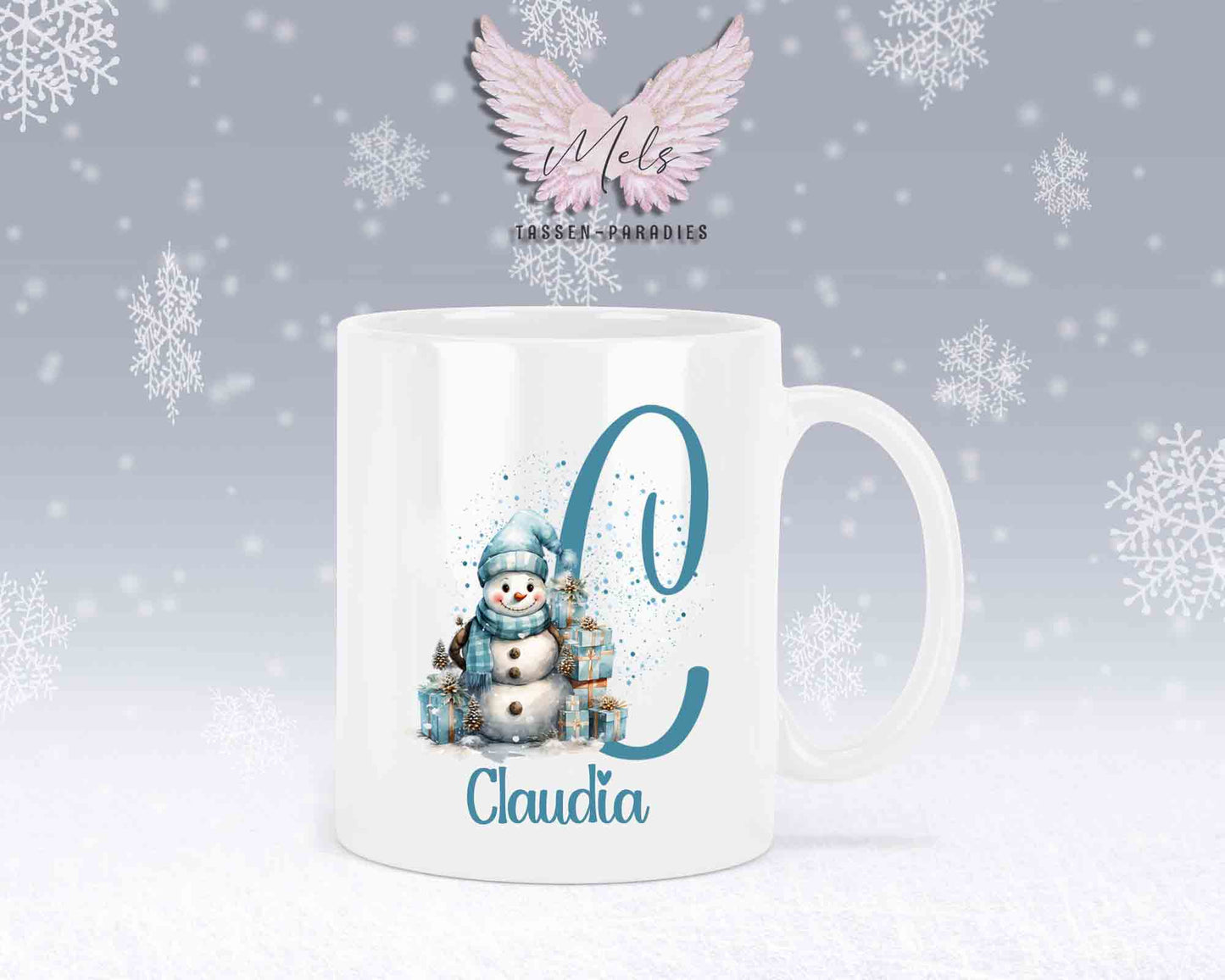 Schneemann Türkis-Alphabet mit Name - Personalisierte Keramik-Tasse Weiß