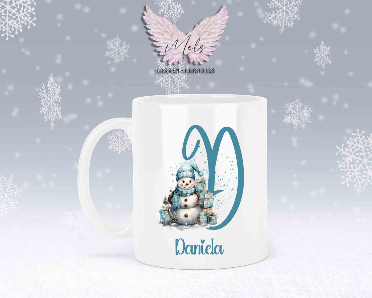 Schneemann Türkis-Alphabet mit Name - Personalisierte Keramik-Tasse Weiß