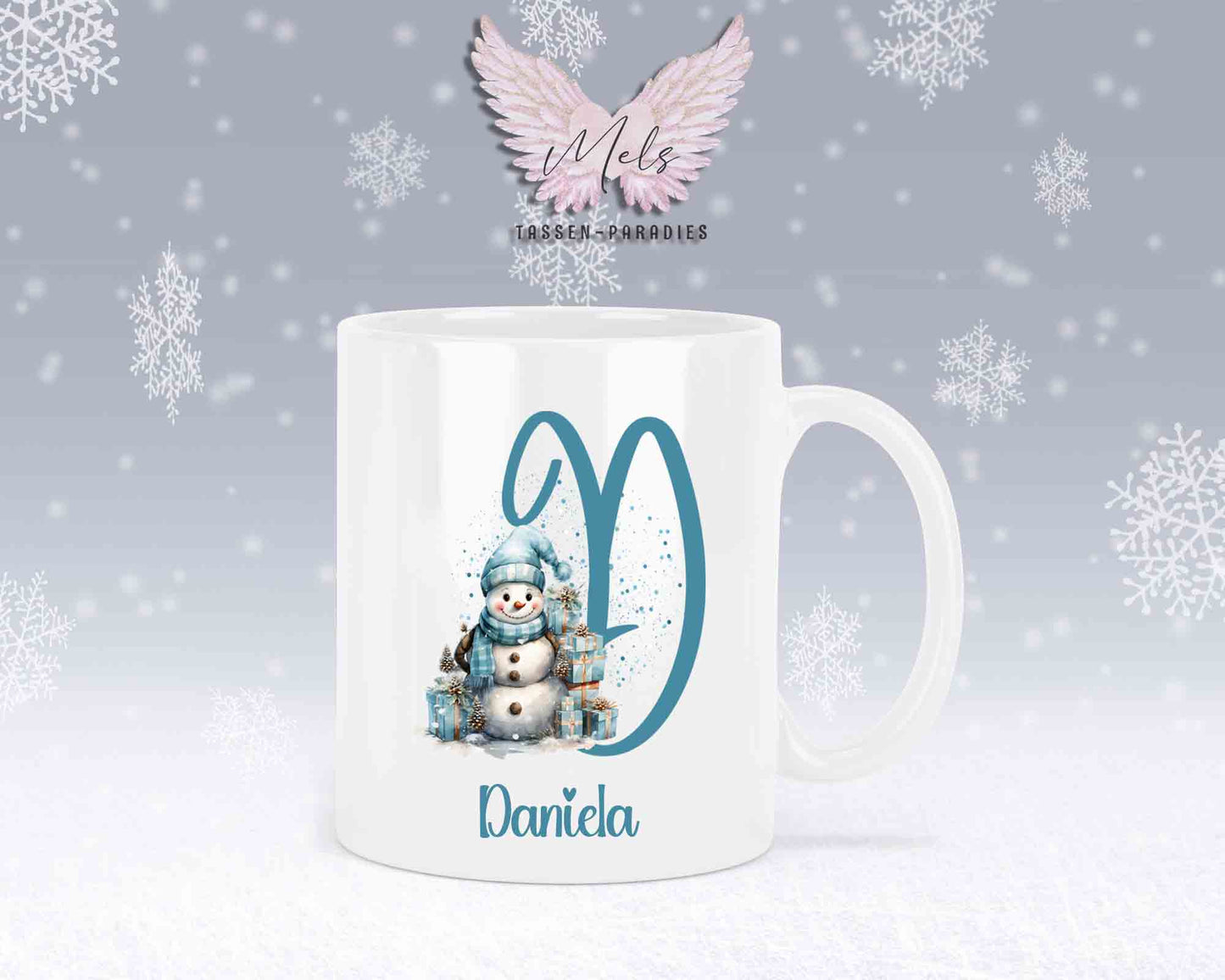 Schneemann Türkis-Alphabet mit Name - Personalisierte Keramik-Tasse Weiß