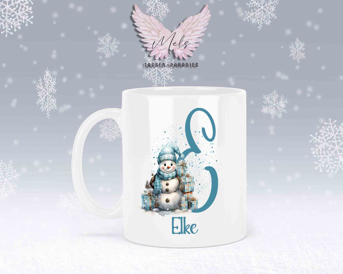 Schneemann Türkis-Alphabet mit Name - Personalisierte Keramik-Tasse Weiß