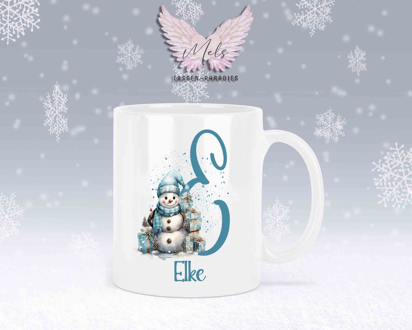 Schneemann Türkis-Alphabet mit Name - Personalisierte Keramik-Tasse Weiß