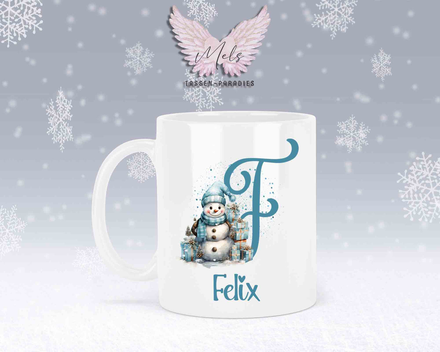 Schneemann Türkis-Alphabet mit Name - Personalisierte Keramik-Tasse Weiß