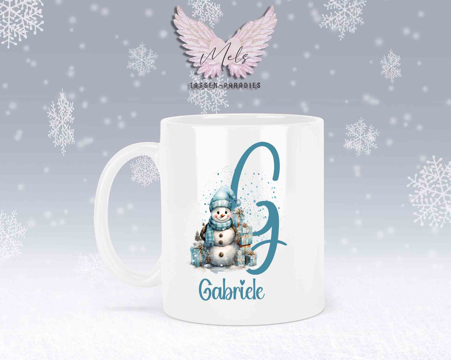 Schneemann Türkis-Alphabet mit Name - Personalisierte Keramik-Tasse Weiß