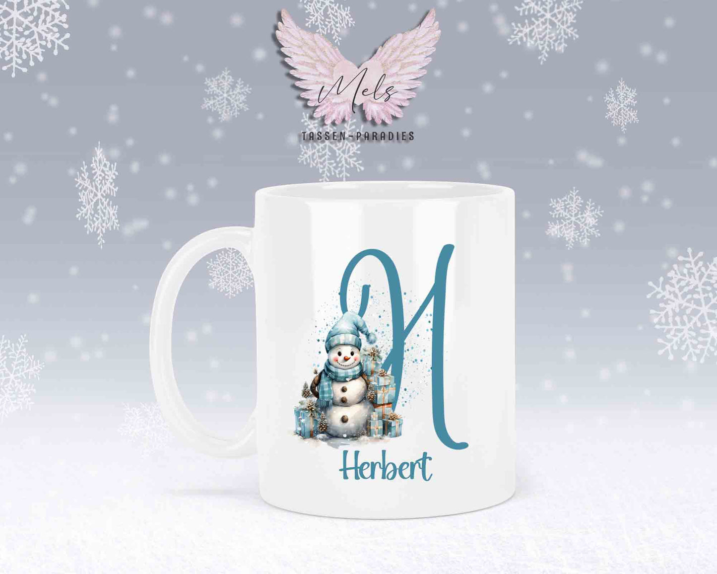 Schneemann Türkis-Alphabet mit Name - Personalisierte Keramik-Tasse Weiß