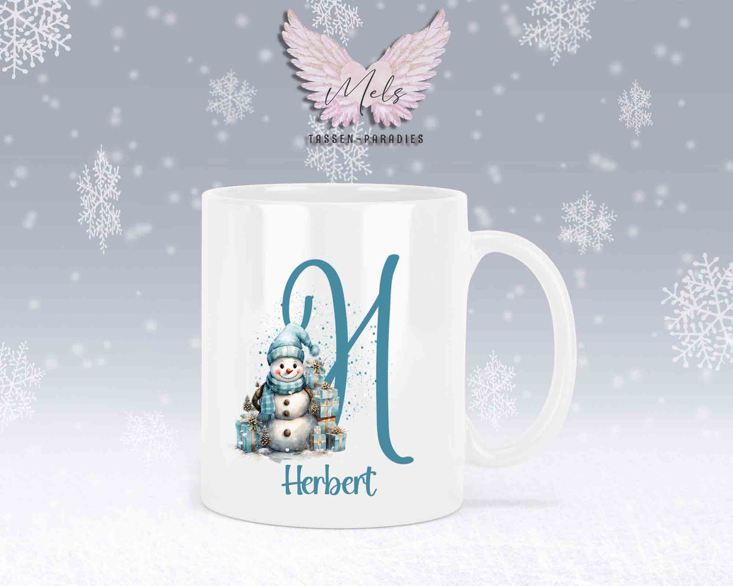 Schneemann Türkis-Alphabet mit Name - Personalisierte Keramik-Tasse Weiß