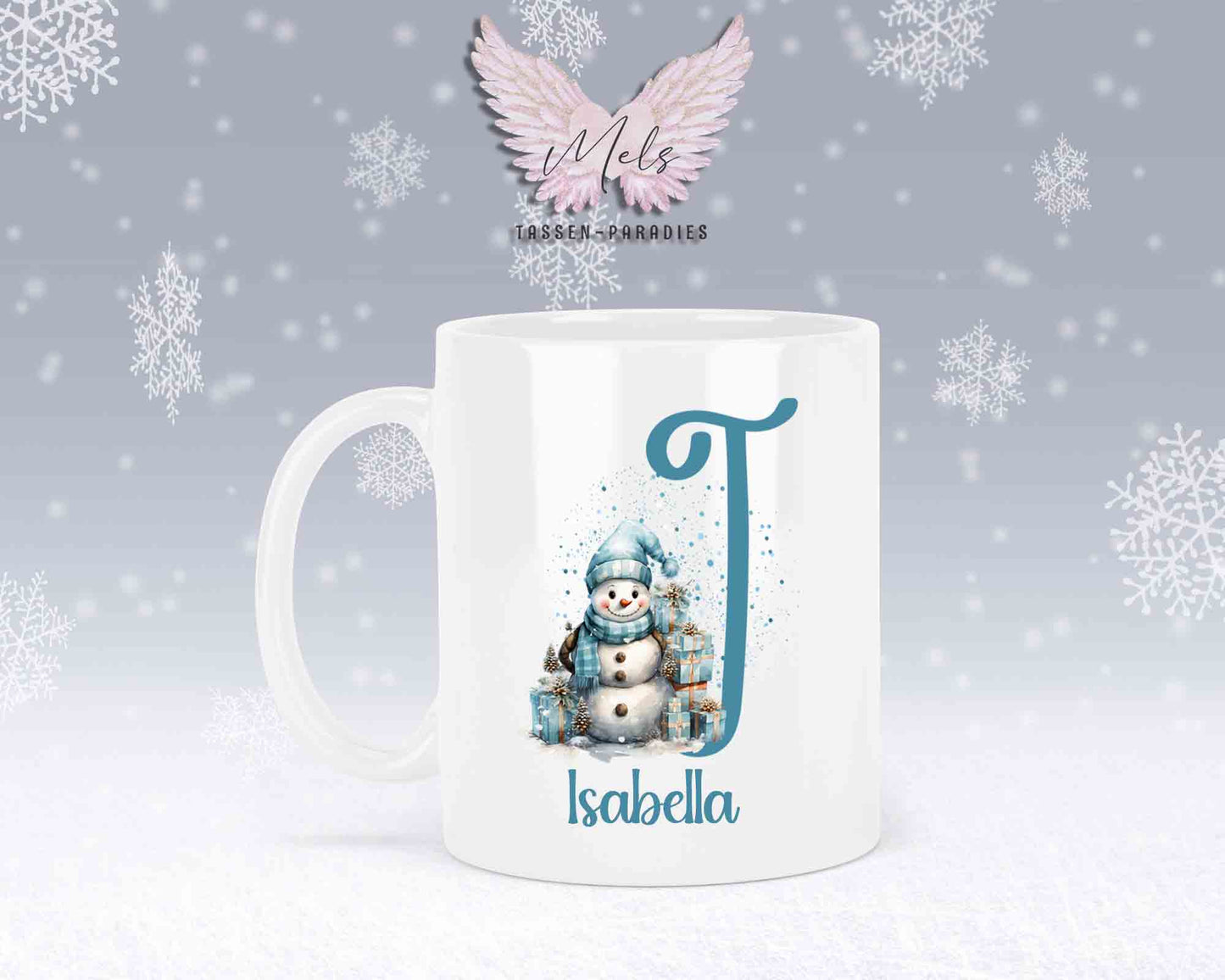 Schneemann Türkis-Alphabet mit Name - Personalisierte Keramik-Tasse Weiß