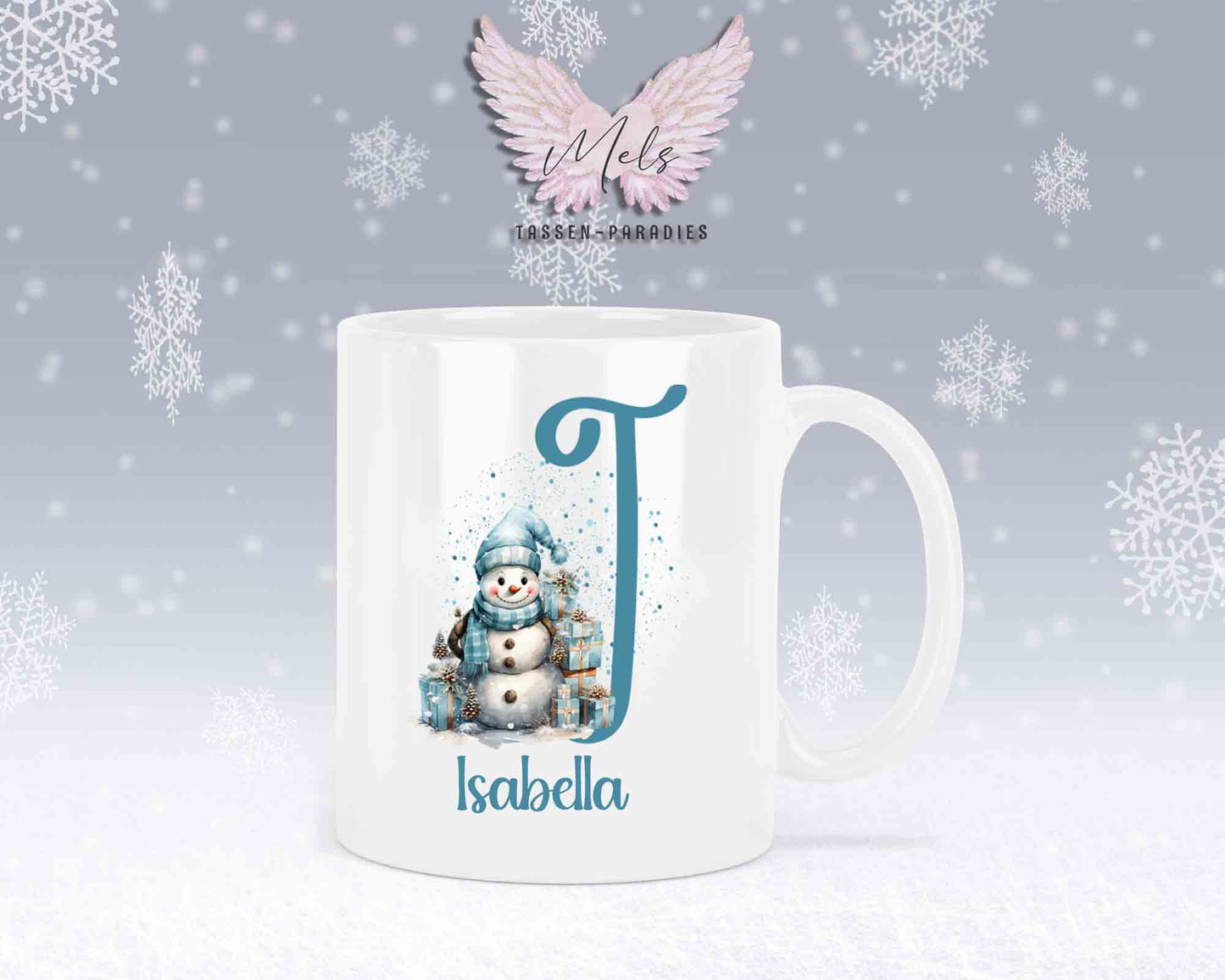 Schneemann Türkis-Alphabet mit Name - Personalisierte Keramik-Tasse Weiß