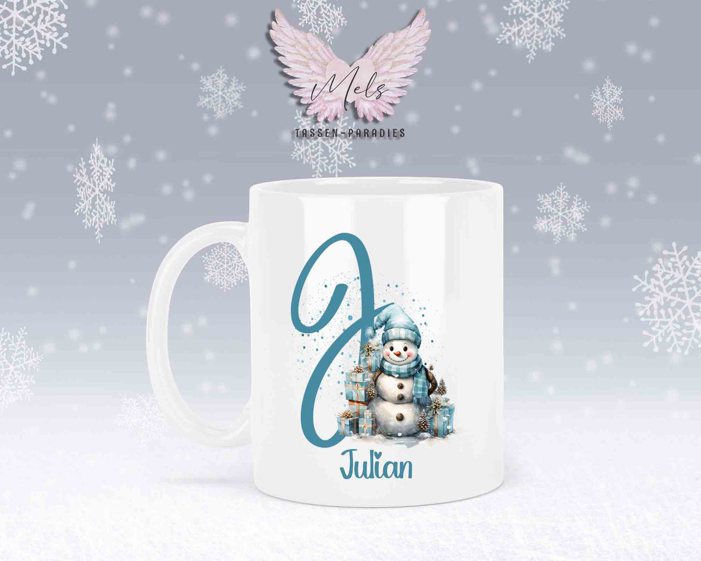 Schneemann Türkis-Alphabet mit Name - Personalisierte Keramik-Tasse Weiß