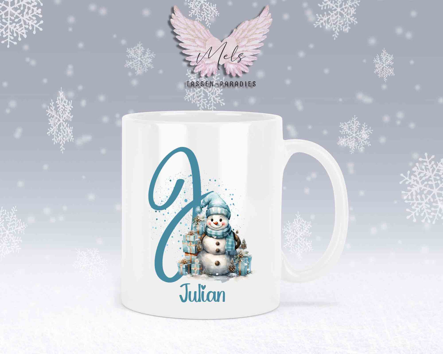 Schneemann Türkis-Alphabet mit Name - Personalisierte Keramik-Tasse Weiß