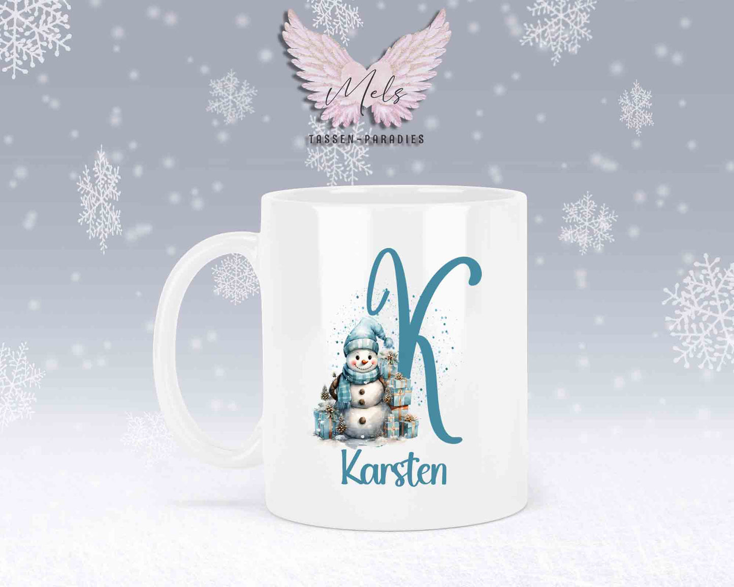 Schneemann Türkis-Alphabet mit Name - Personalisierte Keramik-Tasse Weiß