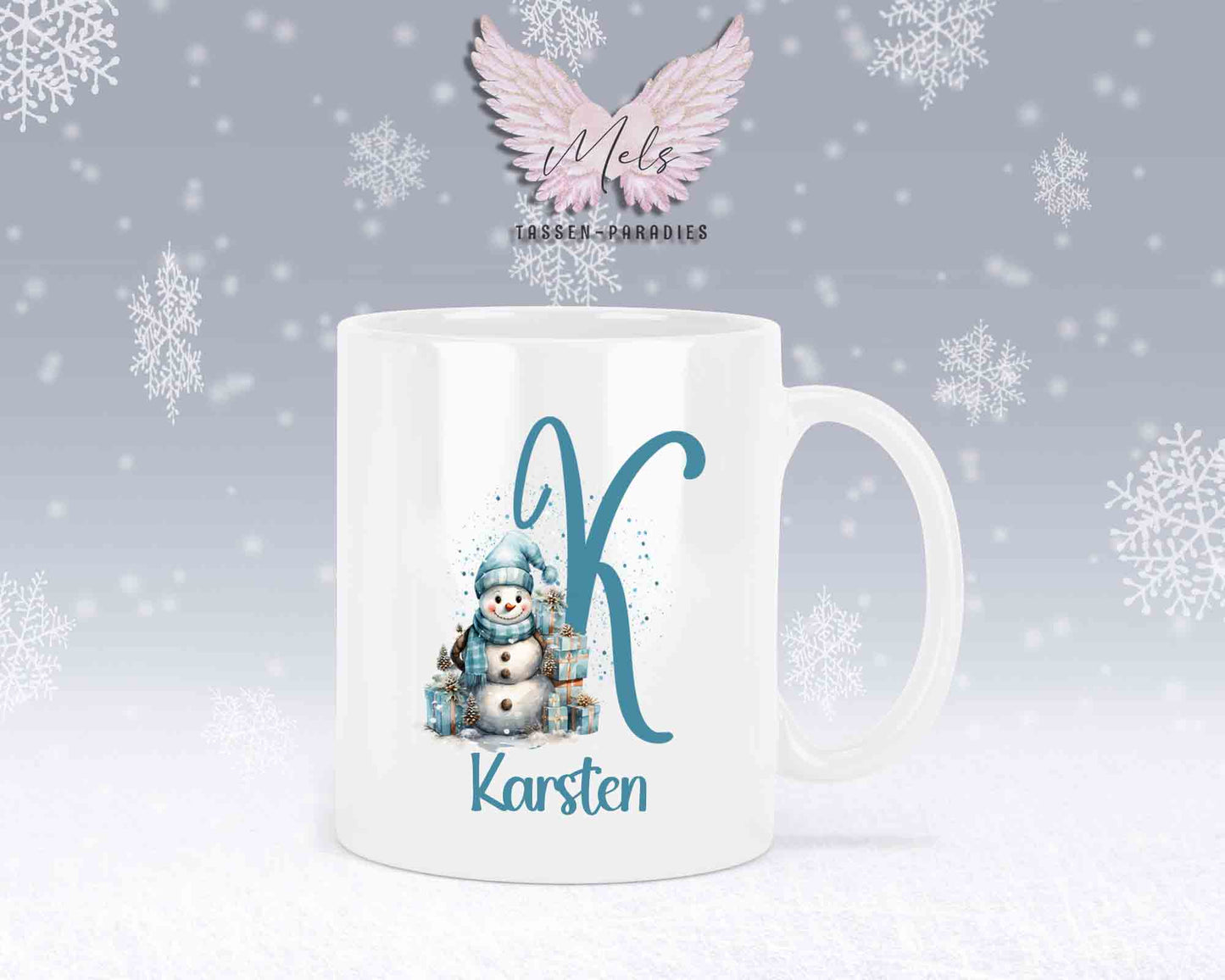 Schneemann Türkis-Alphabet mit Name - Personalisierte Keramik-Tasse Weiß