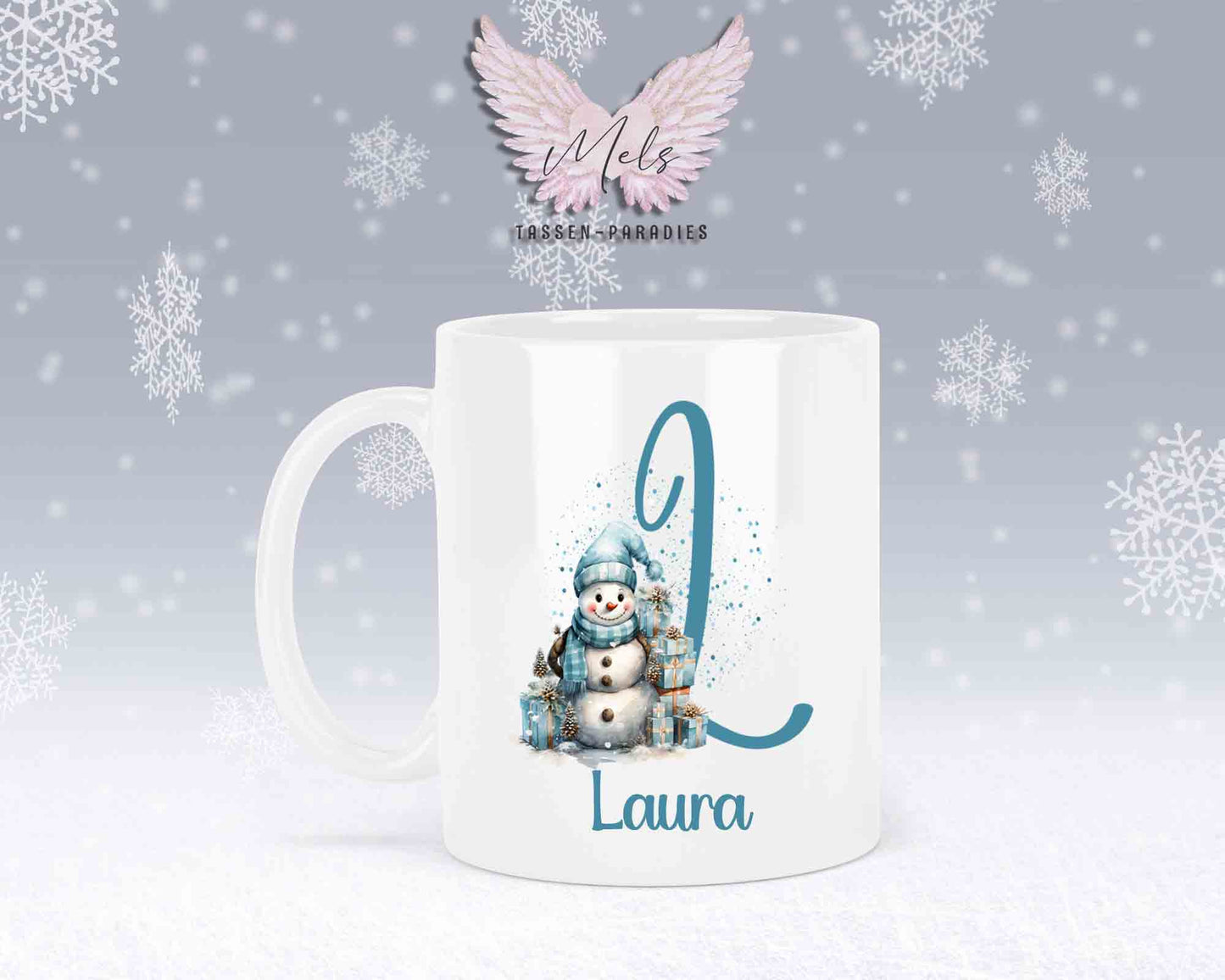 Schneemann Türkis-Alphabet mit Name - Personalisierte Keramik-Tasse Weiß