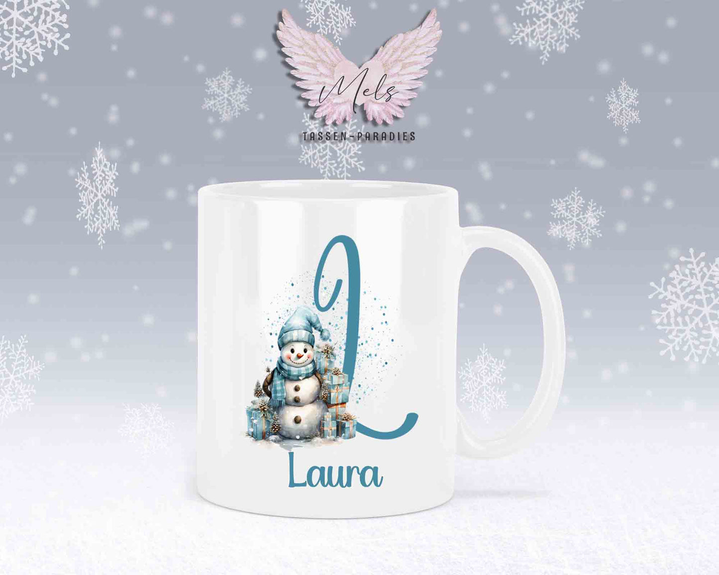 Schneemann Türkis-Alphabet mit Name - Personalisierte Keramik-Tasse Weiß