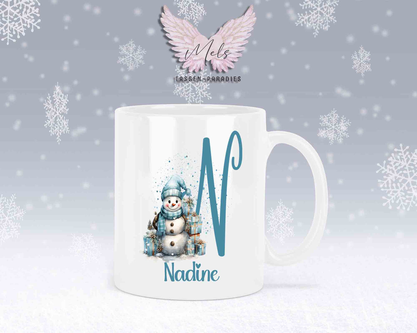 Schneemann Türkis-Alphabet mit Name - Personalisierte Keramik-Tasse Weiß