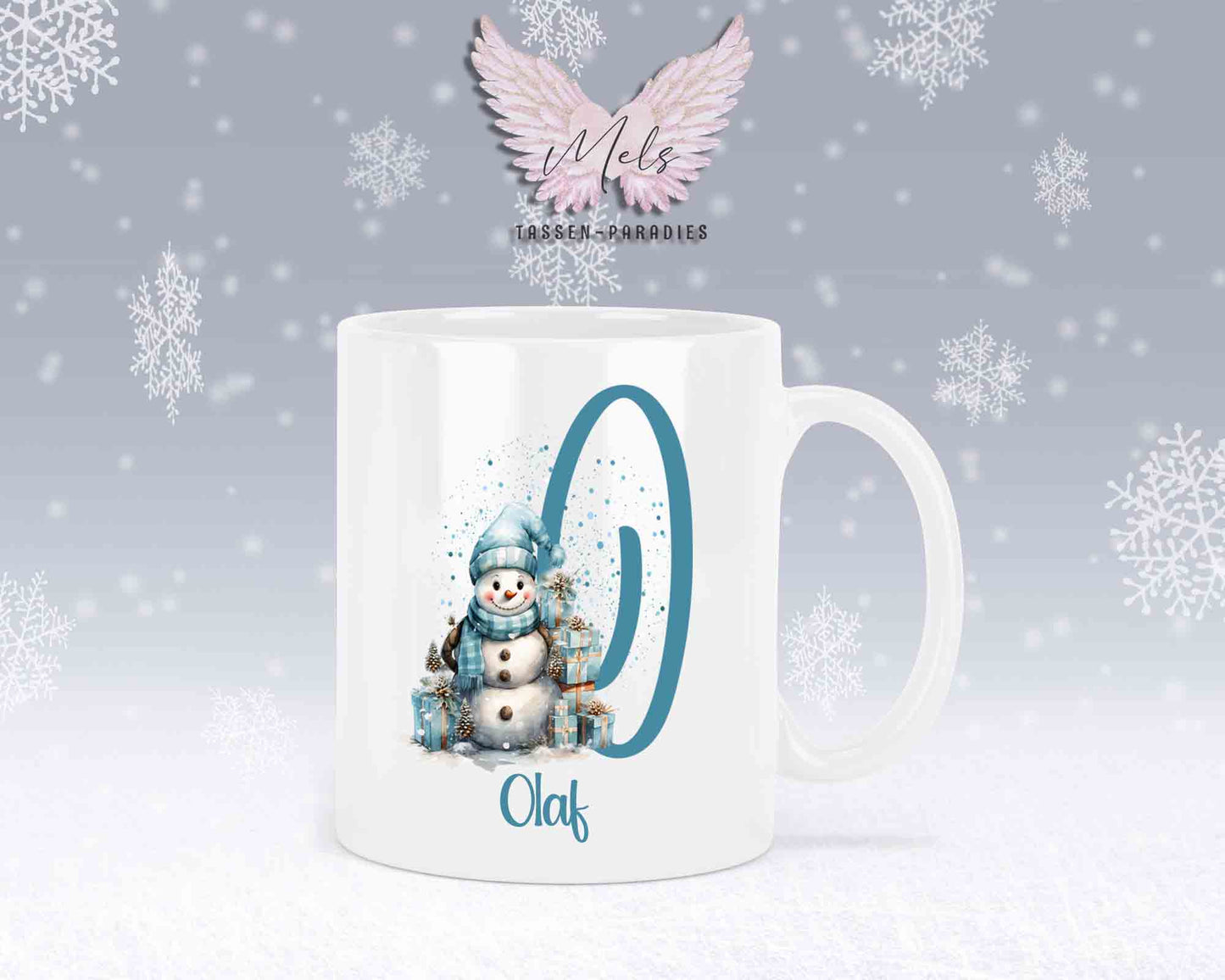 Schneemann Türkis-Alphabet mit Name - Personalisierte Keramik-Tasse Weiß