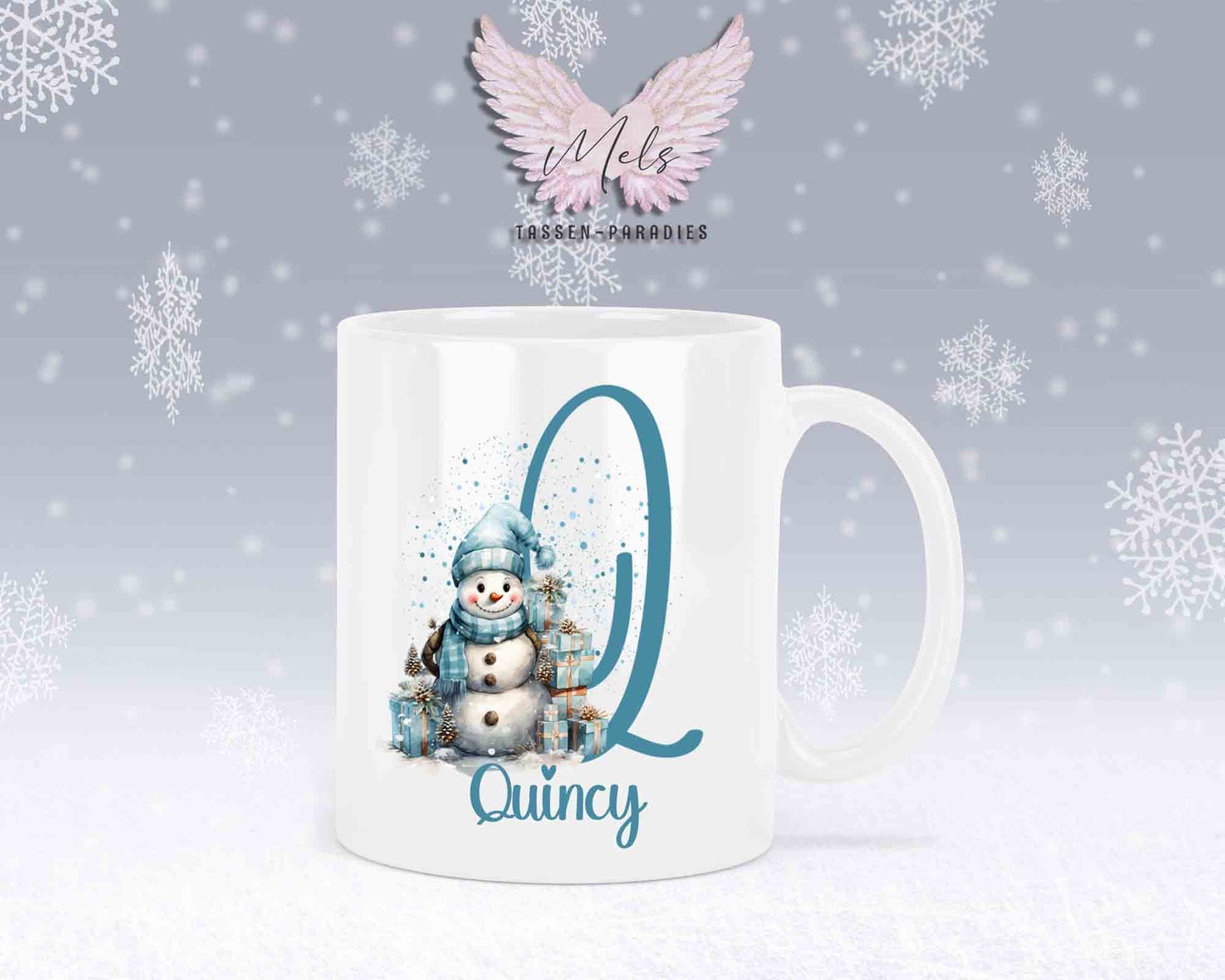 Schneemann Türkis-Alphabet mit Name - Personalisierte Keramik-Tasse Weiß