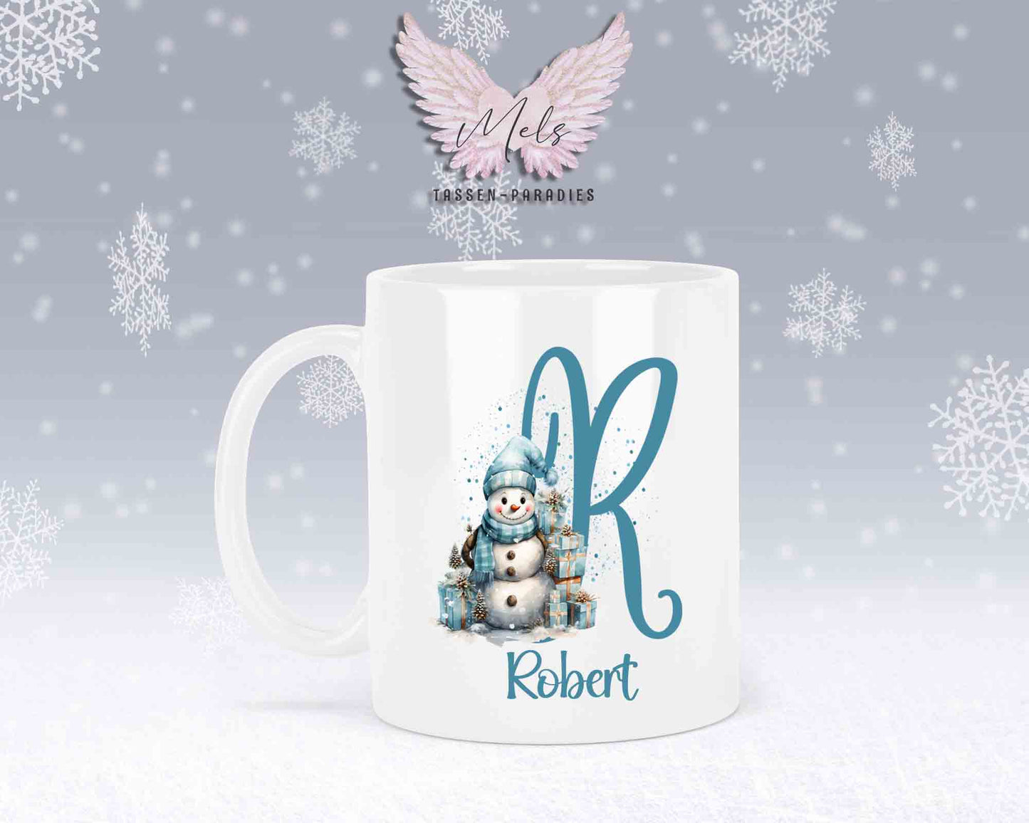 Schneemann Türkis-Alphabet mit Name - Personalisierte Keramik-Tasse Weiß