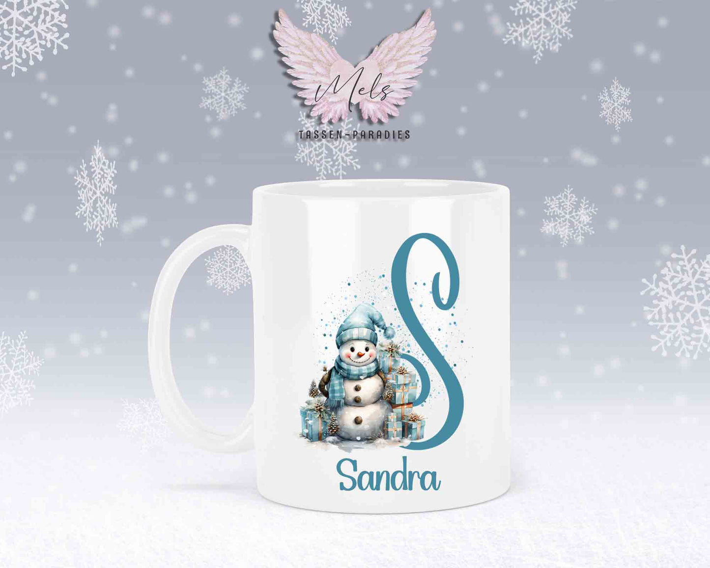 Schneemann Türkis-Alphabet mit Name - Personalisierte Keramik-Tasse Weiß