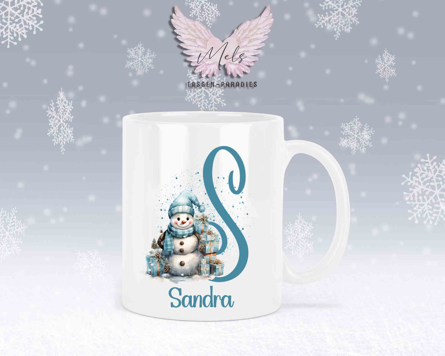 Schneemann Türkis-Alphabet mit Name - Personalisierte Keramik-Tasse Weiß