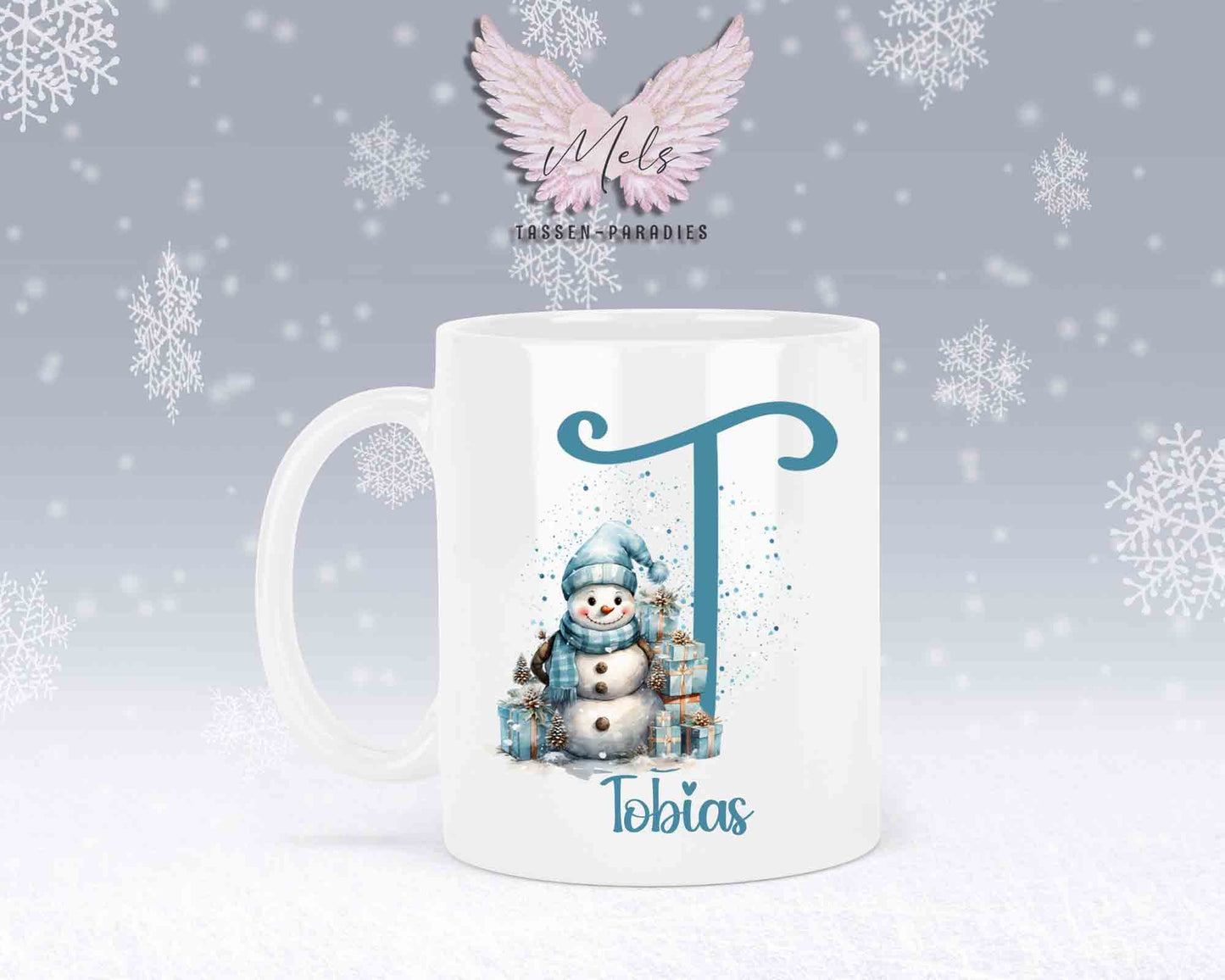 Schneemann Türkis-Alphabet mit Name - Personalisierte Keramik-Tasse Weiß