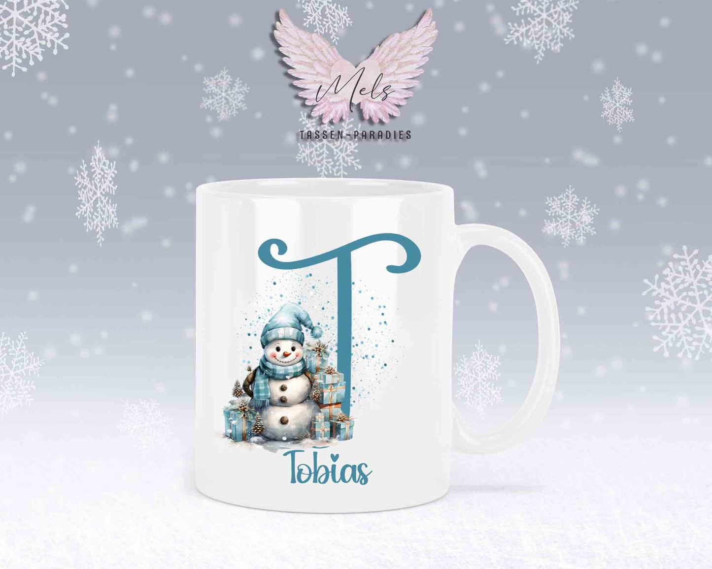 Schneemann Türkis-Alphabet mit Name - Personalisierte Keramik-Tasse Weiß