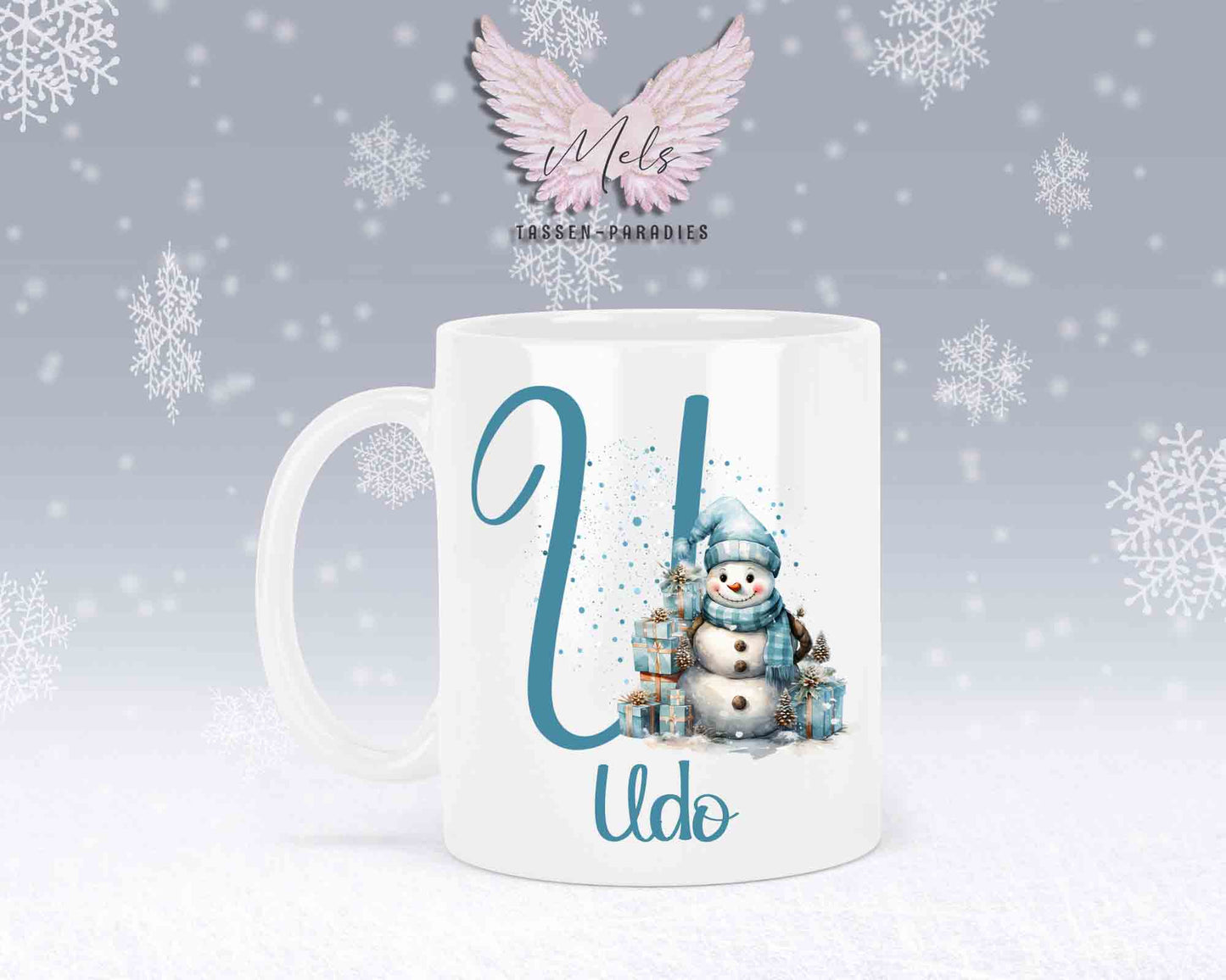 Schneemann Türkis-Alphabet mit Name - Personalisierte Keramik-Tasse Weiß