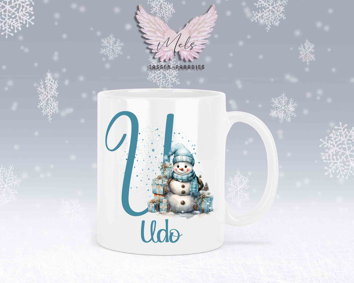 Schneemann Türkis-Alphabet mit Name - Personalisierte Keramik-Tasse Weiß