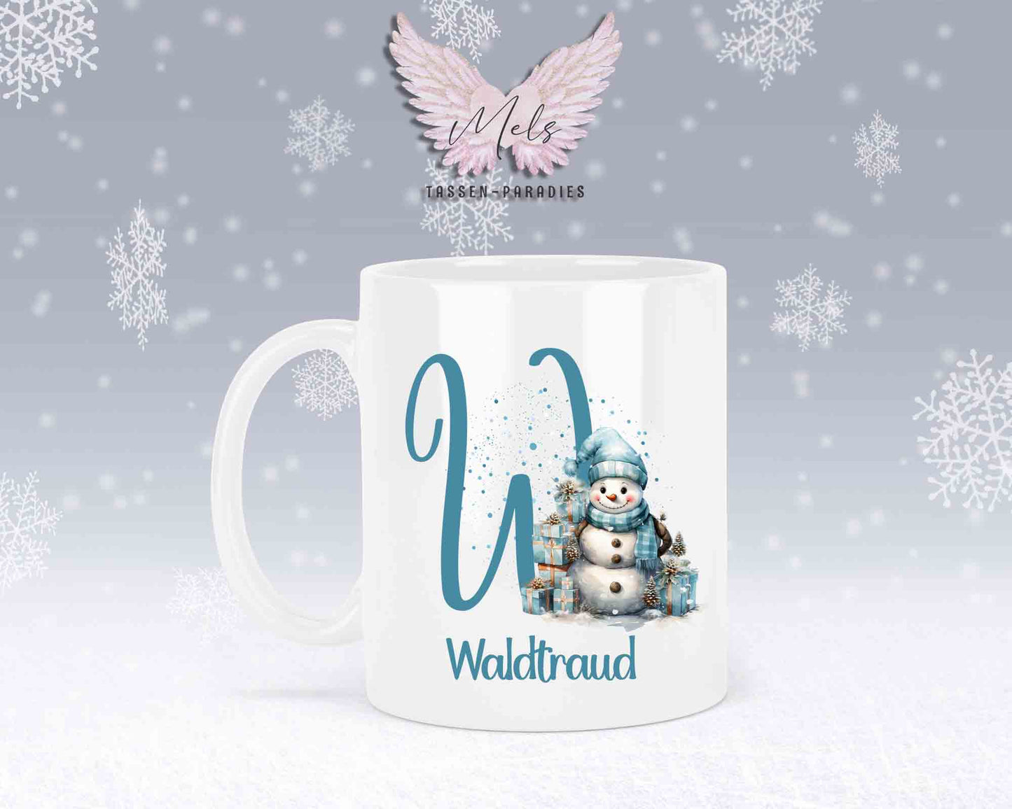 Schneemann Türkis-Alphabet mit Name - Personalisierte Keramik-Tasse Weiß