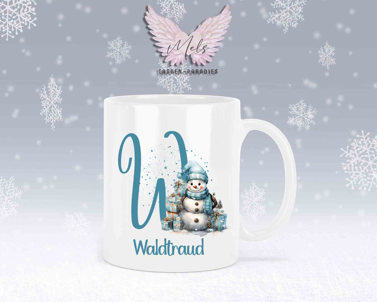 Schneemann Türkis-Alphabet mit Name - Personalisierte Keramik-Tasse Weiß