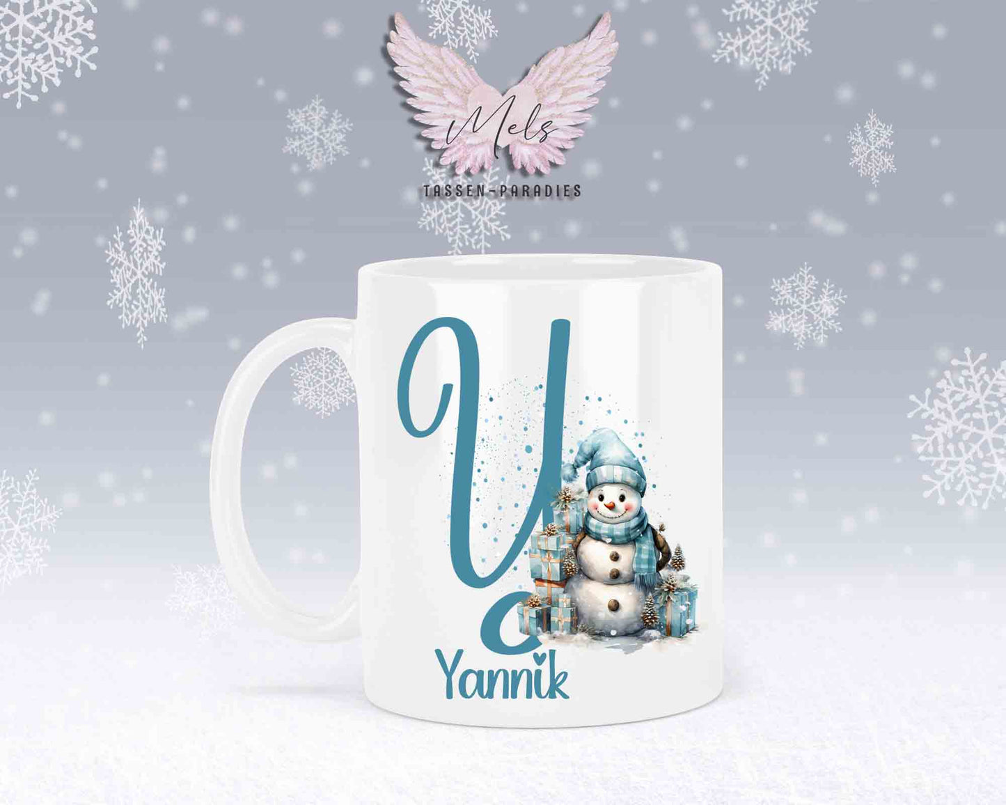 Schneemann Türkis-Alphabet mit Name - Personalisierte Keramik-Tasse Weiß