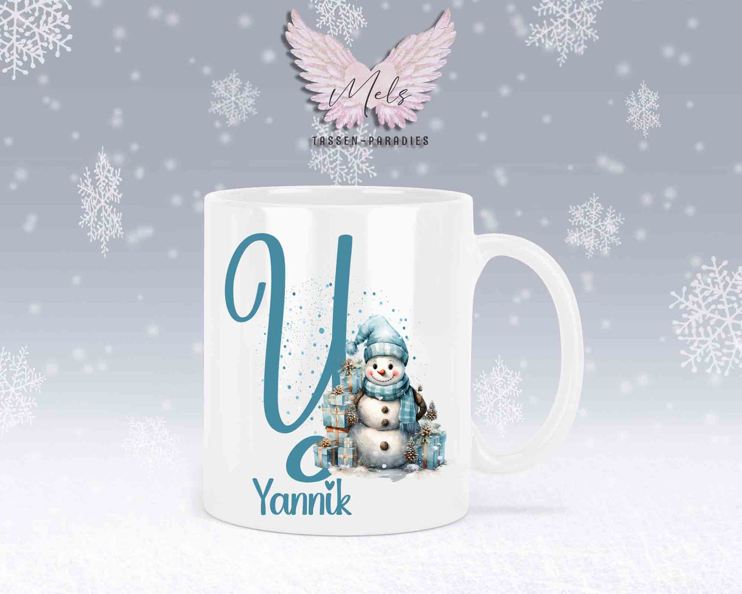 Schneemann Türkis-Alphabet mit Name - Personalisierte Keramik-Tasse Weiß