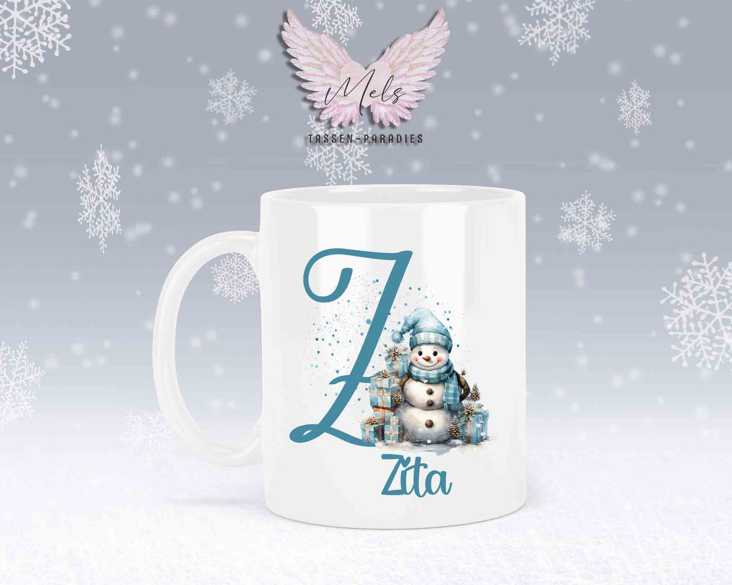 Schneemann Türkis-Alphabet mit Name - Personalisierte Keramik-Tasse Weiß