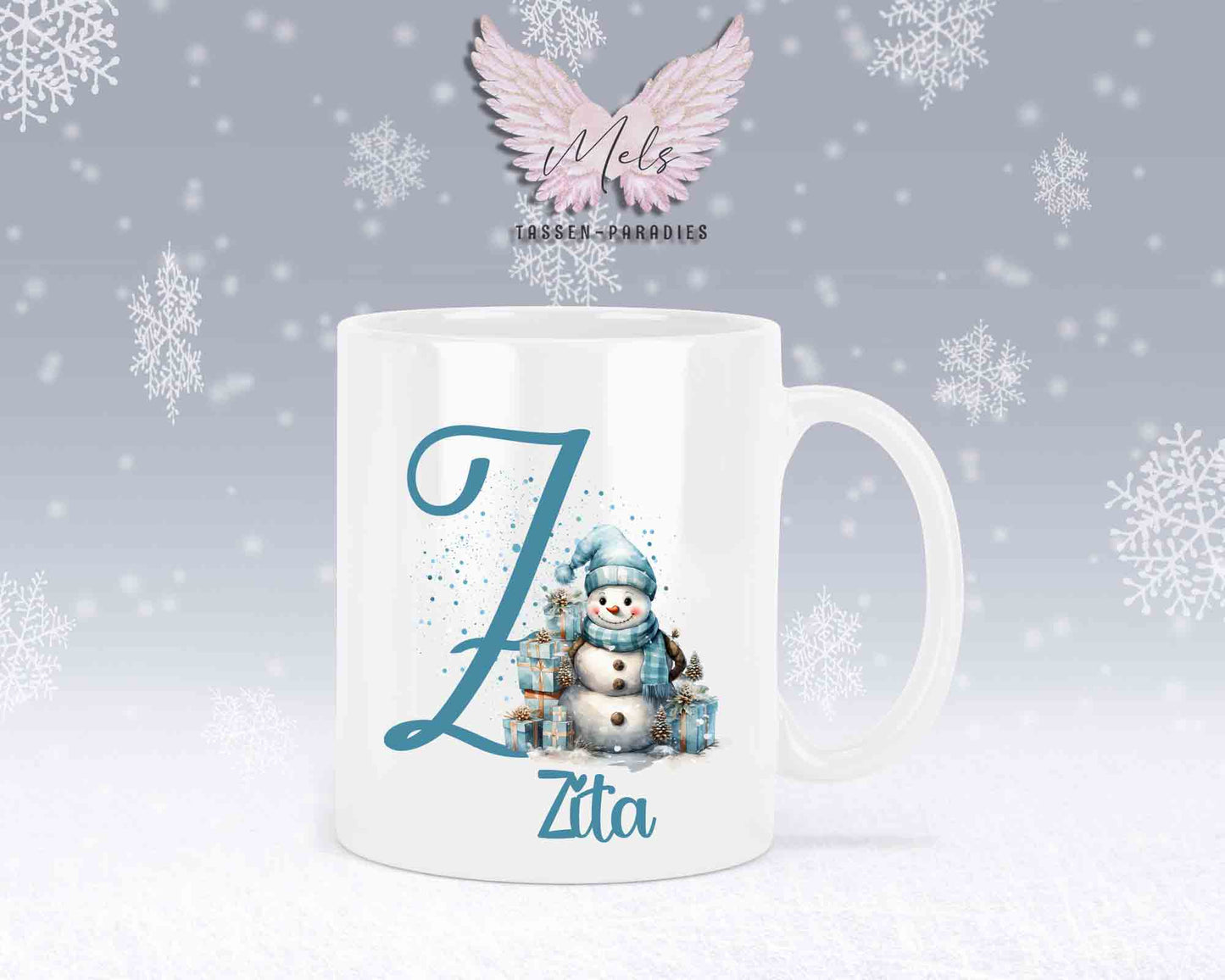 Schneemann Türkis-Alphabet mit Name - Personalisierte Keramik-Tasse Weiß