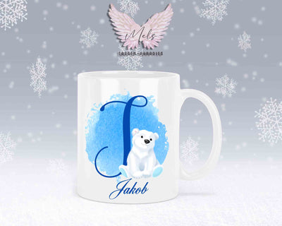 Eisbär Weiß-Alphabet mit Name - Personalisierte Keramik-Tasse Weiß